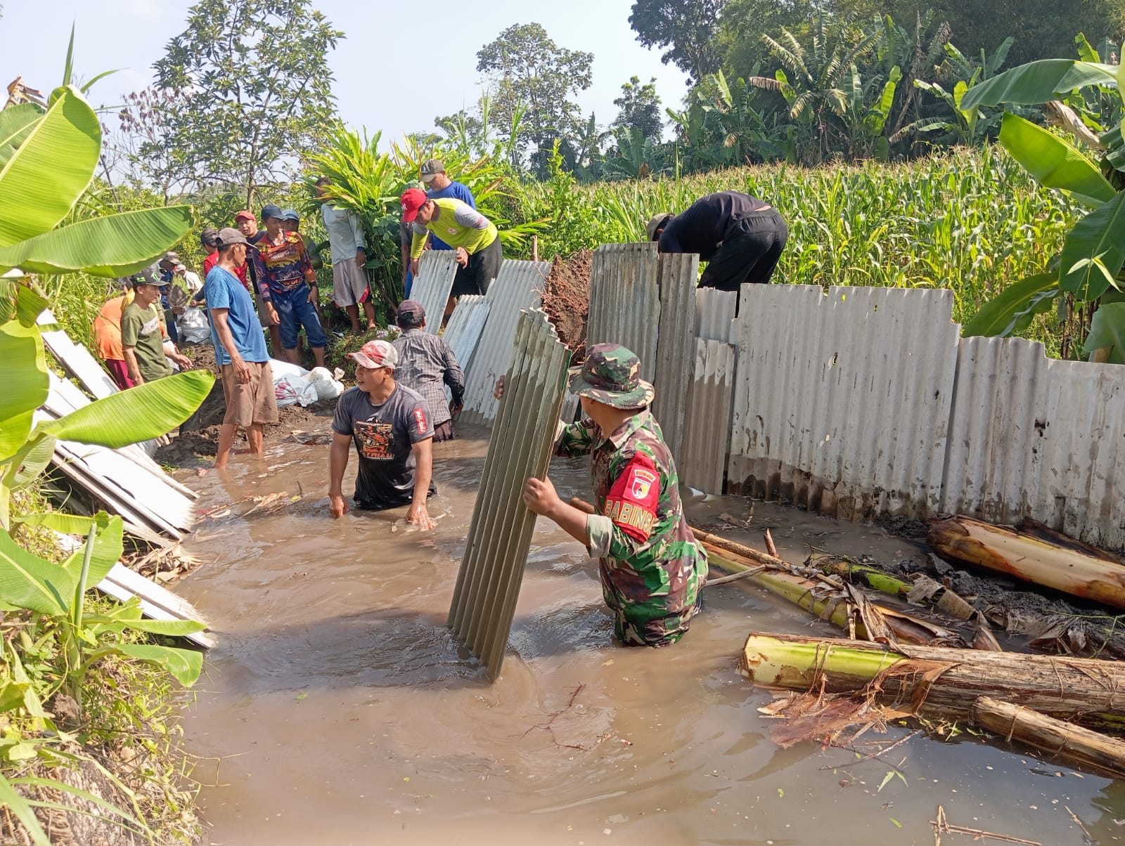 Babinsa Ramil 02/Pesantren Sertu Mulyono Resik-Resik Sungai Pulerejo Bersama Poktan